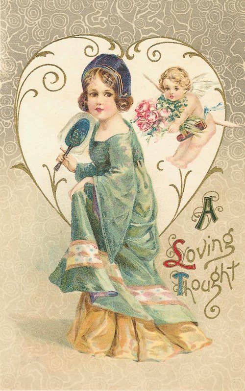 Victorian 'A Loving Thought' Greeting Card with Cherub & Heart