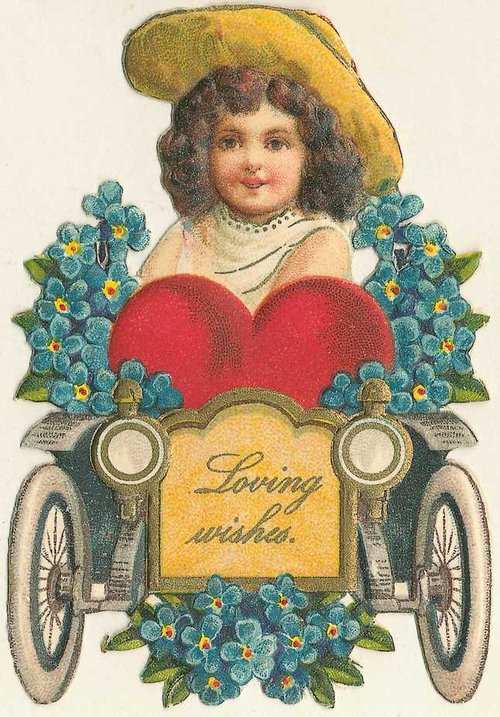 Victorian Valentine Die-Cut: Child in Carriage with Heart & Forget-Me-Nots