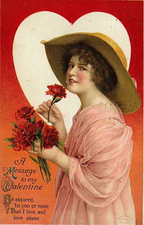 Edwardian Valentine's Day Greeting Card - Woman with Red Carnations