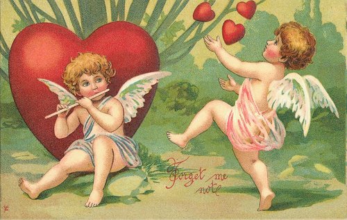 Victorian Cupid Valentine Card with Hearts - Forget Me Not