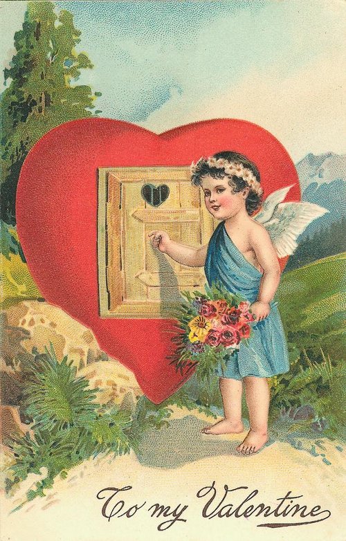 Victorian Cupid Valentine Card with Heart Door Die-Cut