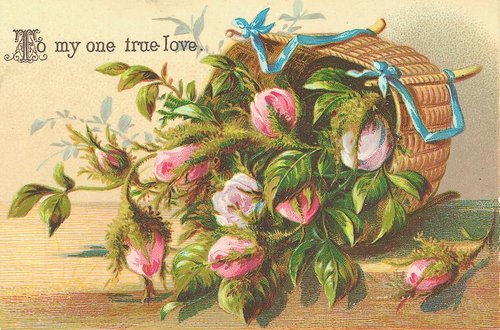 Victorian Love Greeting Card with Pink Roses and Blue Ribbons