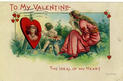 Edwardian Valentine's Day Greeting Card: Artist Painting Heart Portrait