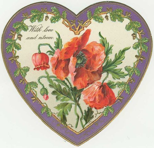 Victorian Heart-Shaped Valentine with Red Poppies & Ivy Border