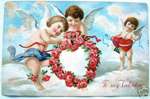 Victorian Valentine Cherub Angels Red Rose Heart Wreath