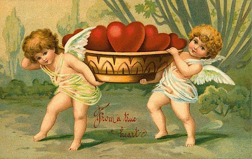 Victorian Cherub Valentine with Red Hearts & Ornamental Bowl