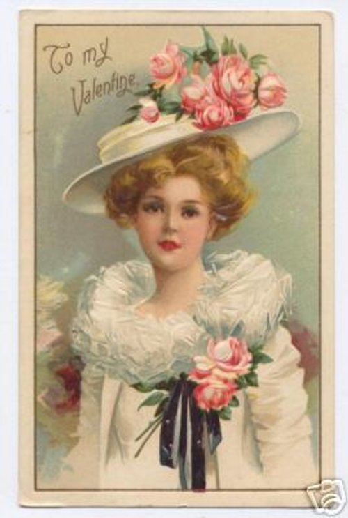 Victorian Valentine Card: Woman in White Hat with Pink Roses