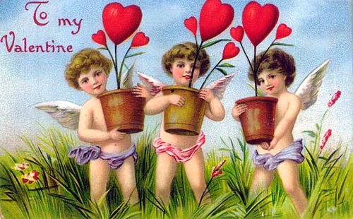 Victorian Valentine Cherubs Heart Flowers Lithograph Card