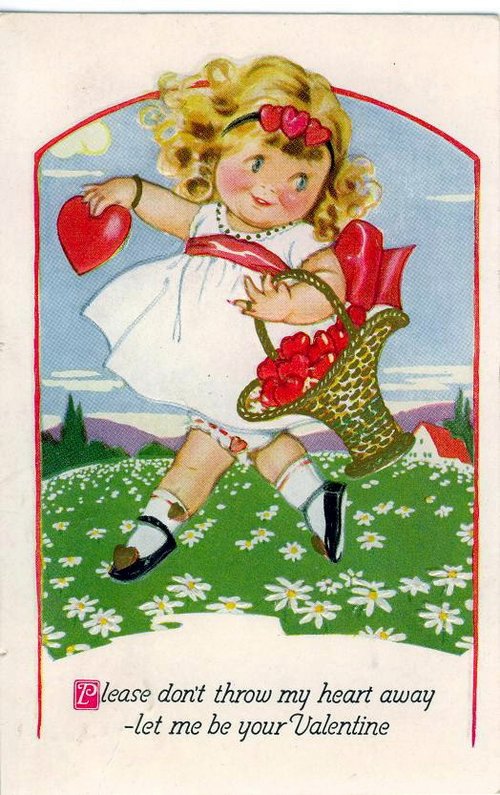 Vintage Valentine's Day Card: Cute Girl with Heart Cornucopia