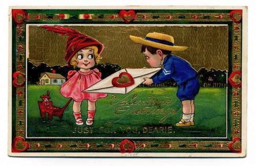 Edwardian Valentine Greeting Card with Children Exchanging Hearts