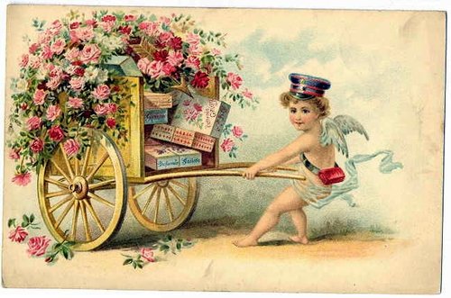 Victorian Cherub Flower Cart Greeting Card - Antique Angels