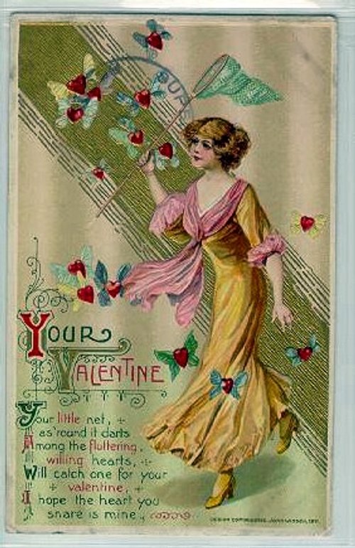 Edwardian Valentine's Day Greeting Card with Woman and Hearts