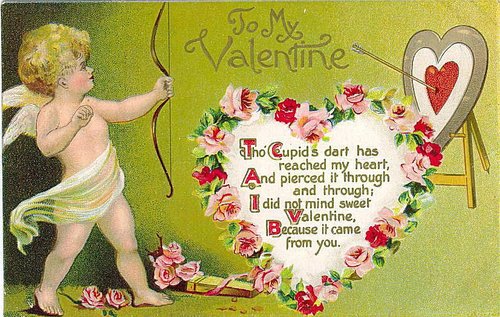 Victorian Cupid Valentine Card with Romantic Floral Heart Design
