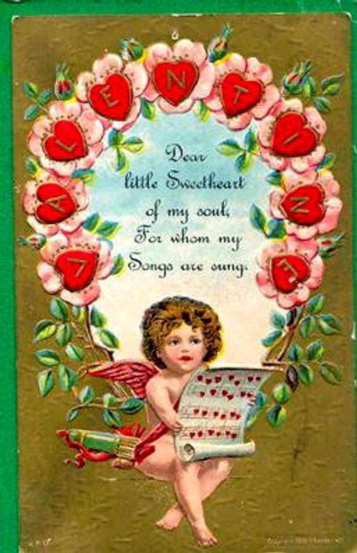 Victorian Valentine Cherub with Pink Flowers & Love Letter Card