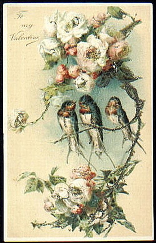 Victorian Valentine Greeting Card with Birds & Roses
