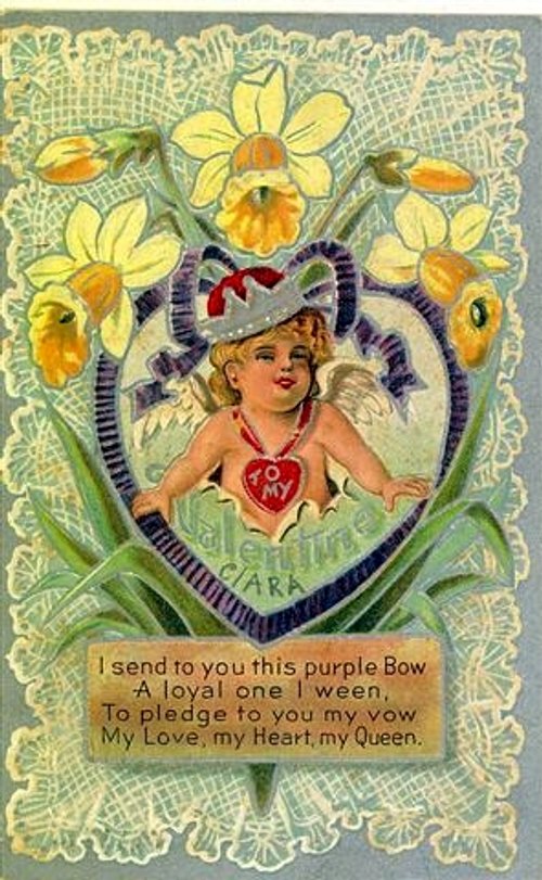 Victorian Valentine Cherub with Daffodils Die-Cut Greeting Card