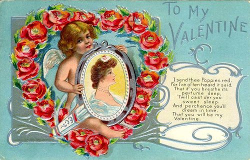 Victorian Valentine Cupid with Red Roses & Mirror - Antique Greeting Card
