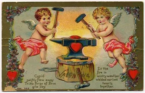 Victorian Cupid Valentine Card with Anvil & Hammer Love Forge