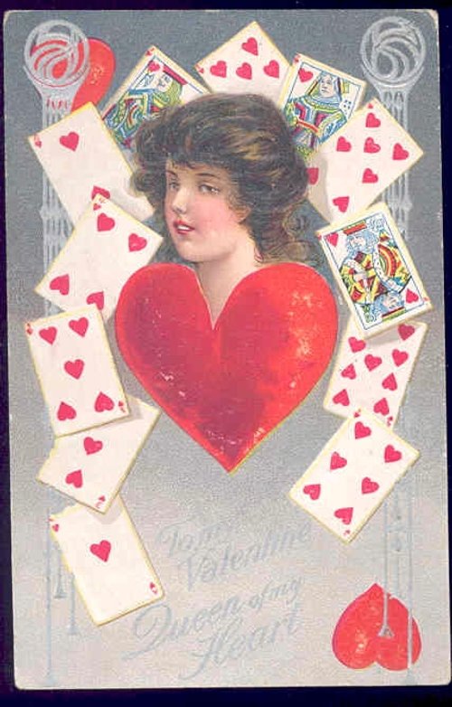 Edwardian Valentine's Day Card with Playing Cards & Hearts