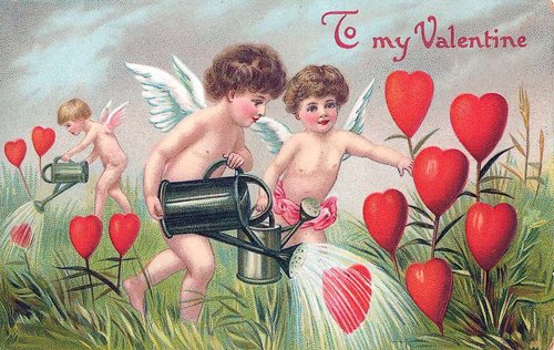 Victorian Valentine's Day Cherubs Watering Heart Flowers Card