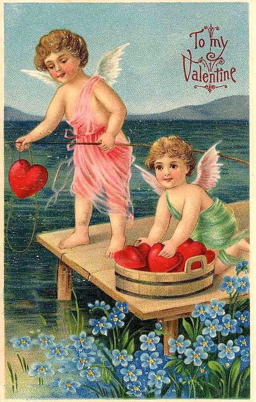Victorian Cupids Valentine Card with Hearts & Flowers