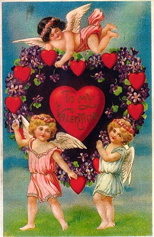 Victorian Valentine's Day Cherub Heart Floral Wreath Greeting Card