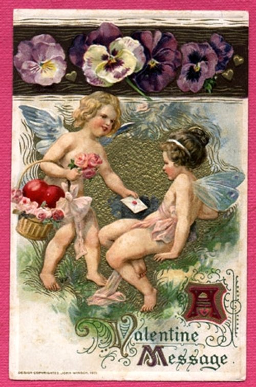 Victorian Valentine Cherub Pansies Greeting Card Antique