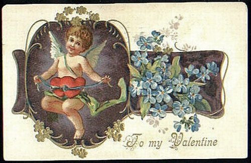 Victorian Valentine's Day Greeting Card with Cherub & Forget-Me-Nots