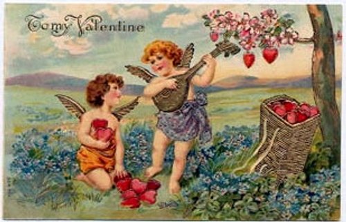Victorian Cupid Valentine Card with Cherubs and Flowers