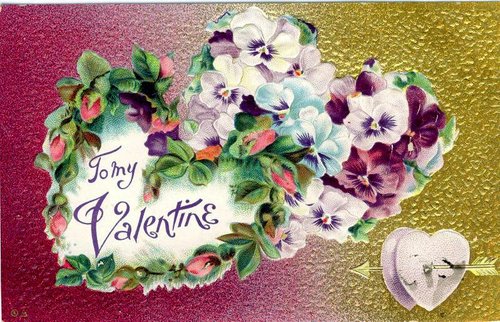 Vintage Victorian Valentine Pansy Flowers Gold Embossed Card