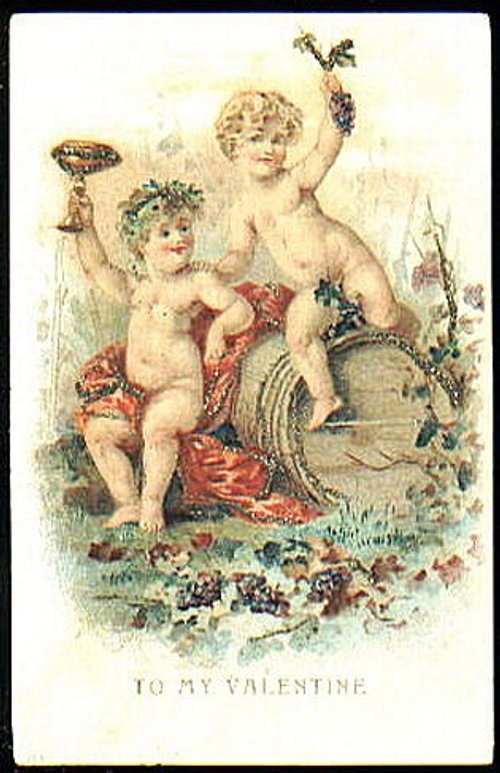 Victorian Cherub Valentine Card with Barrel and Grapes - Antique Love Card