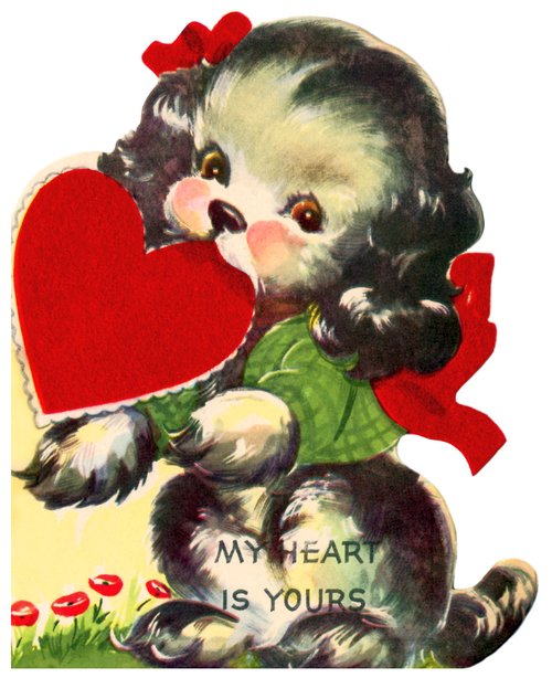 Vintage Puppy Valentine Card with Red Hearts, 1920s-1930s