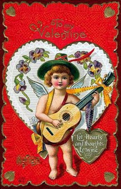Victorian Valentine Cherub Guitar Love Greeting Card