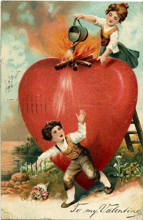 Victorian Valentine Children Tending Burning Giant Heart Greeting Card