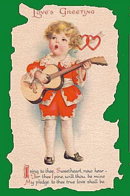 Vintage Love's Greeting Card: Cherub with Guitar & Hearts