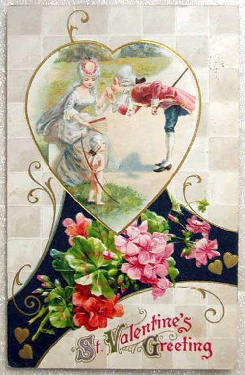 Victorian St. Valentine's Greeting Card with Rococo Figures & Pink Geraniums