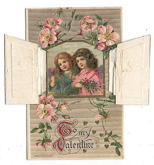 Victorian Valentine Greeting Card with Die-Cut Panels & Pink Roses