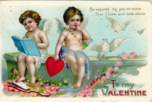 Victorian Cherub Valentine Card with Doves and Floral Design
