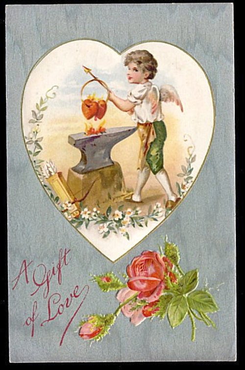 Victorian Valentine Cupid Blacksmith Heart-Shaped Card
