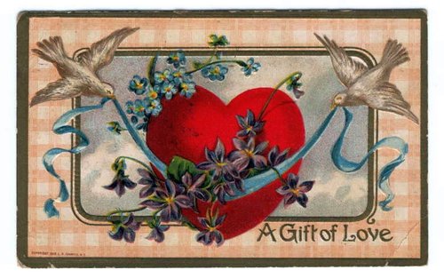 Victorian Love Greeting Card with Doves, Red Heart & Flowers