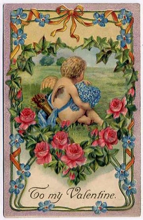 Victorian Cherub Valentine Card with Roses & Forget-Me-Nots