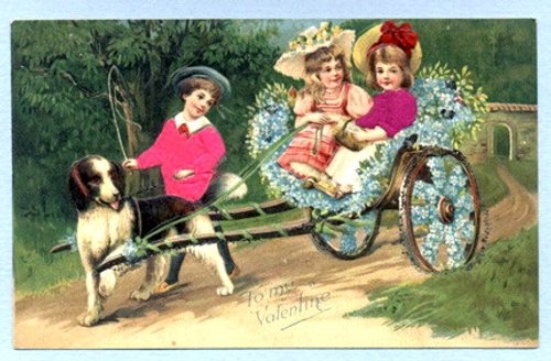 Victorian Valentine: Dog-Drawn Carriage with Children