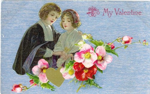 Edwardian Valentine Card: Couple with Pink Flowers