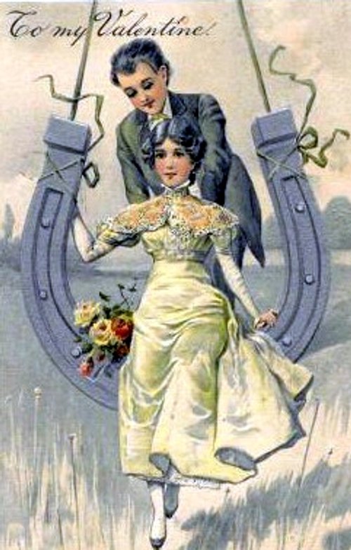Victorian Valentine's Day Greeting Card with Couple on Horseshoe Swing