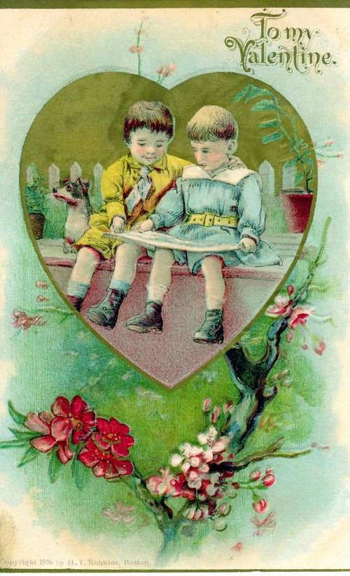 Victorian Valentine Card: Children with Heart & Flowers