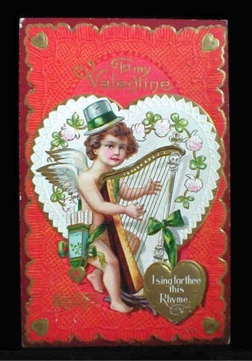 Victorian Valentine Cherub Harp Heart Die-Cut Greeting Card