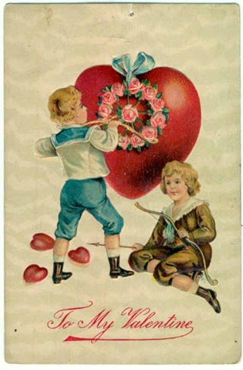 Victorian Valentine's Day Card with Children and Giant Heart