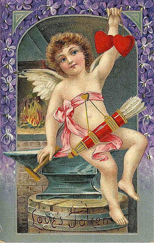 Victorian Cupid Valentine Card with Red Hearts and Arrows
