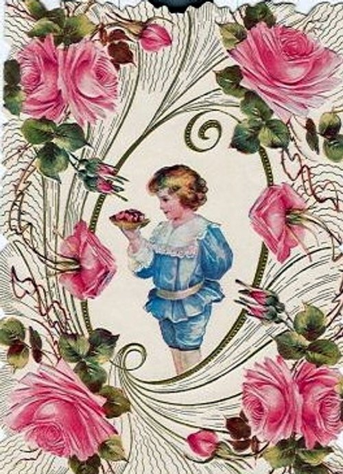 Victorian Pink Rose Child Greeting Card with Art Nouveau Flourishes