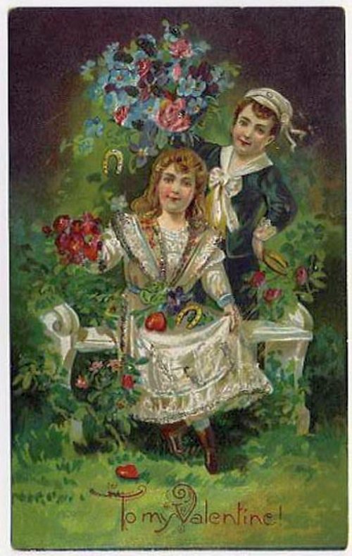 Victorian Valentine Card with Children & Flowers, 1890s